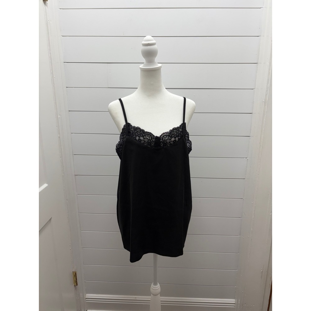 Black Satin & Lace Trim Full Slip Dress Nightgown Size XL